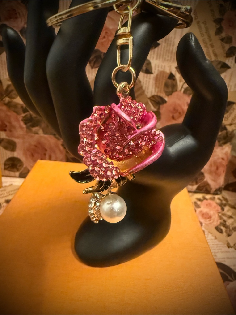 Pink Crystal Rose Bag Charm: Key Holder with Pearl Accent